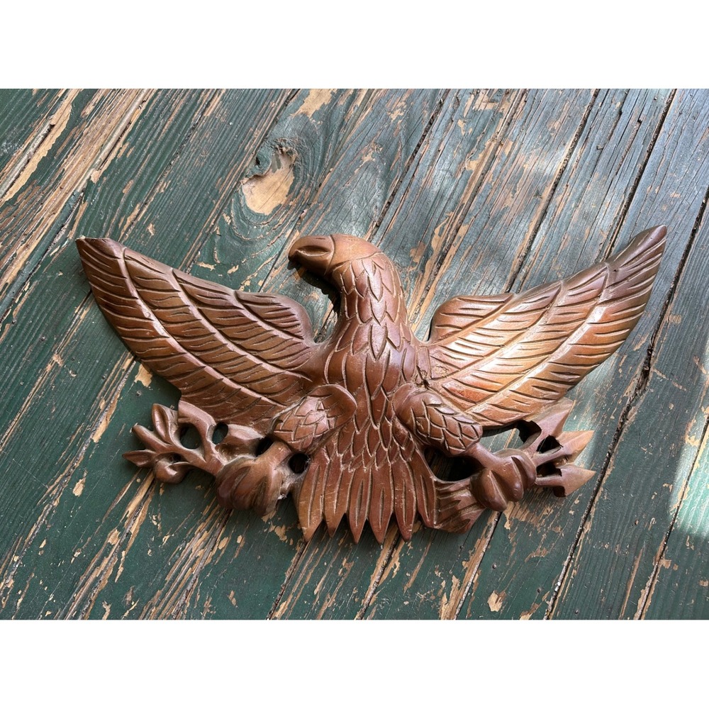 Vintage Hand Carved Wood American Bald Eagle Wall Plaque Rustic Decor 15in